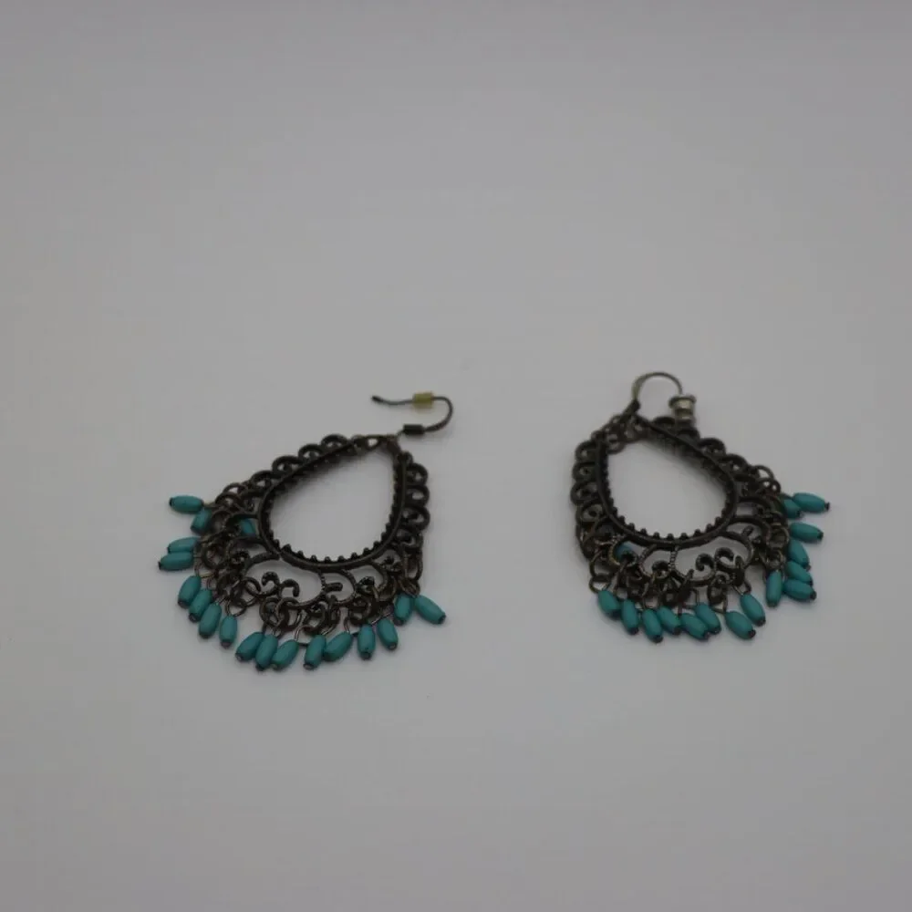 Vintage Blue Bead Dangle Earrings Dark Metal Scroll Design